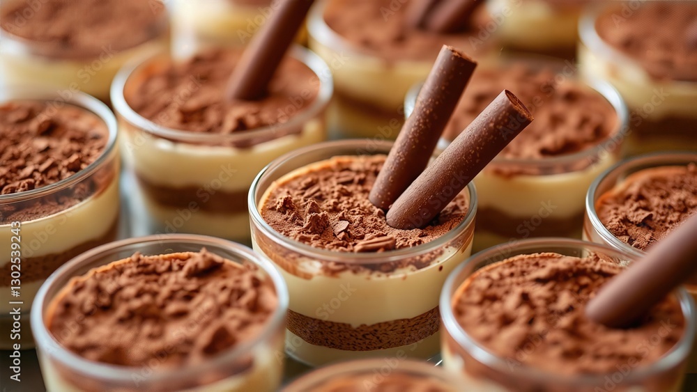 Layered tiramisu Dessert Cups with Cocoa Dusting and Chocolate Garnish in Elegant Arrangement Layered tiramisu Dessert Cups with Cocoa Dusting and Chocolate Garnish in Elegant Arrangement