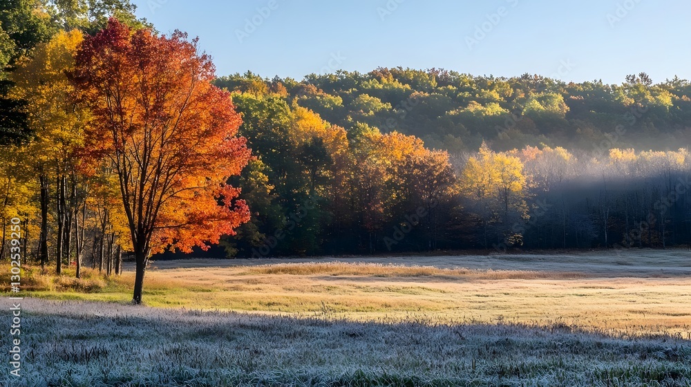 Vibrant autumn landscape showcasing a solitary tree with red leaves in a serene frosty meadow Vibrant autumn landscape showcasing a solitary tree with red leaves in a serene frosty meadow