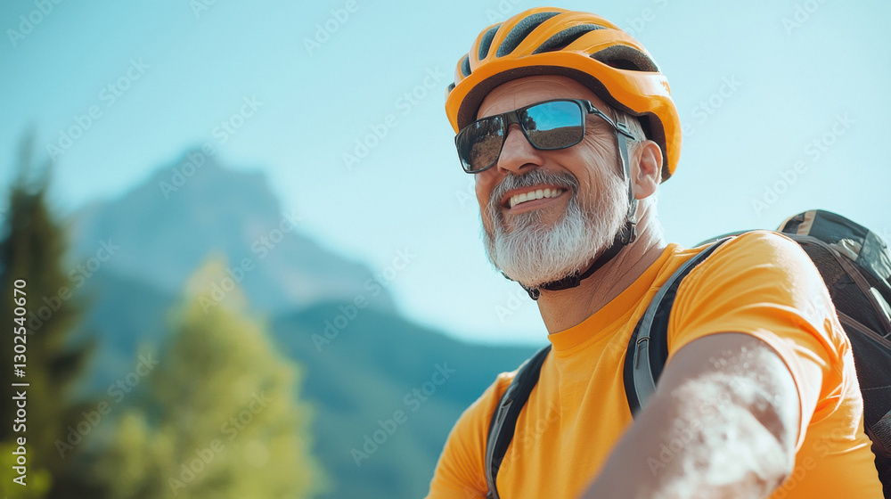 young man in cycling gear and a helmet biking through the mountains young man in cycling gear and a helmet biking through the mountains