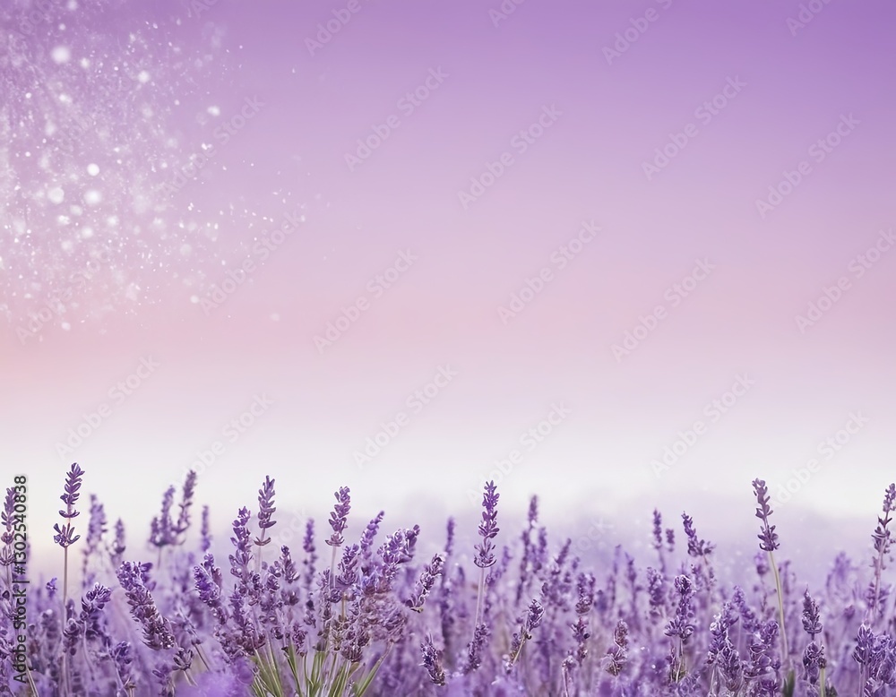 Naklejka premium Lavender field under a dreamy pastel sky at dusk, filled with soft bokeh lights.
