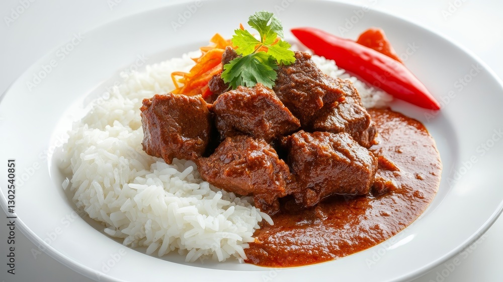 Artfully presented dish of tender beef in rendang sauce accompanied by plain rice on white plate Artfully presented dish of tender beef in rendang sauce accompanied by plain rice on white plate