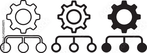 Gear icon, network diagram, hierarchical structure, black and white illustration, technical schematic, organizational chart, mechanical system, connected nodes, industrial design