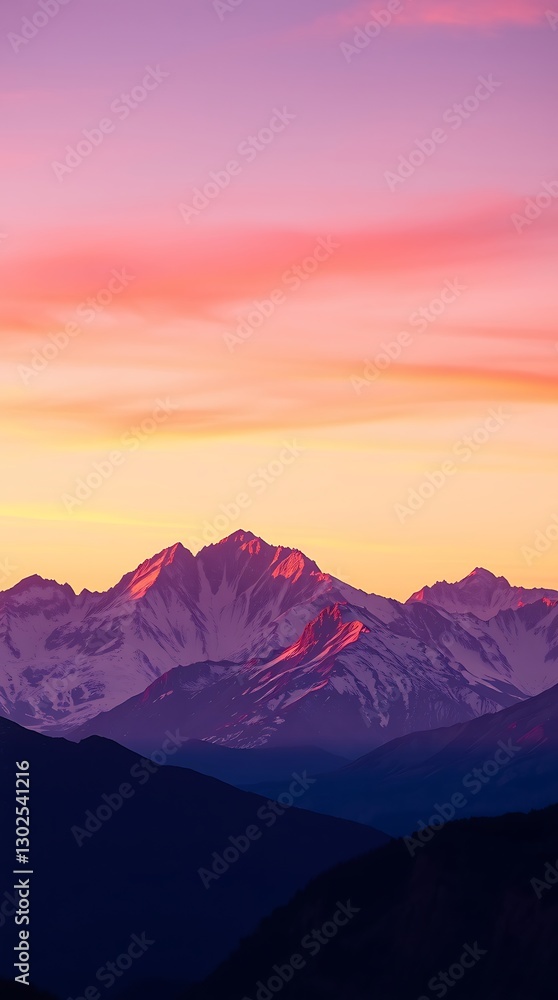 Fototapeta premium A High-Resolution Digital Wallpaper Featuring A Majestic Mountain Range At Sunset, Rendered In Vibrant Hues Of Orange, Pink, And Purple, With A Soft Focus Effect Creating A Dreamy At.