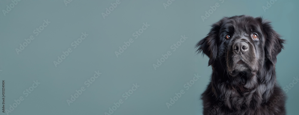 Obraz premium Newfoundland dog on minimalistic colorful background with Copy Space. Perfect for banners, veterinary ads, pet food promotions, and minimalist designs.