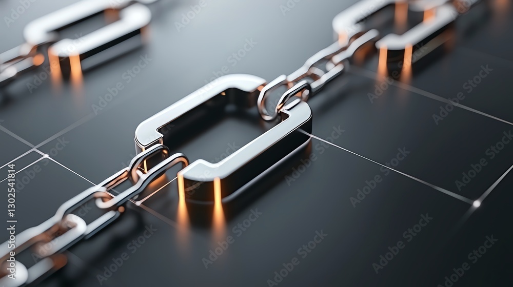 Close-up of interconnected metallic chains on surface. Representing connection, strength, and digital technology. Close-up of interconnected metallic chains on surface. Representing connection, strength, and digital technology.