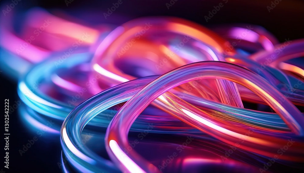 Ultra-macro image of neon light tubing, highlighting the soft glow and intricate curves of the glass tubes in vibrant, electric colors Ultra-macro image of neon light tubing, highlighting the soft glow and intricate curves of the glass tubes in vibrant, electric colors