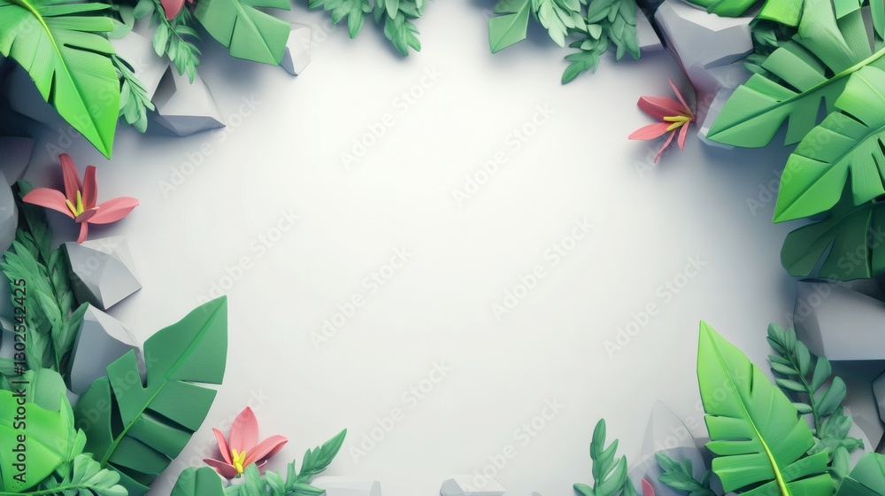Fototapeta premium Lush Green Tropical Frame With Exotic Flowers And Rocks Decoration