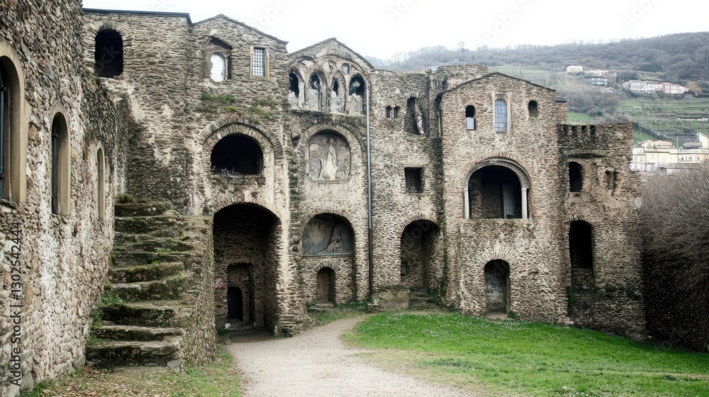 Historic Ruins of Ancient Castle Surrounded by Green Landscape Historic Ruins of Ancient Castle Surrounded by Green Landscape