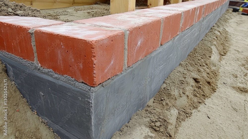 Foundation wall being constructed with red bricks and gray cement mortar. Foundation wall being constructed with red bricks and gray cement mortar.