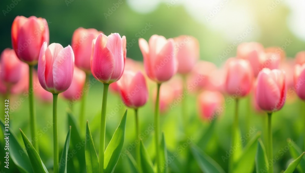 Pastel-colored tulips in a lush meadow with tall grasses, green, meadow Pastel-colored tulips in a lush meadow with tall grasses, green, meadow