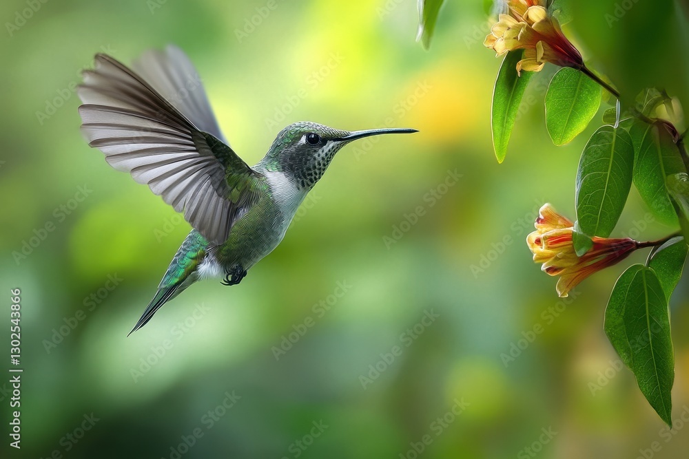 Naklejka premium Vibrant Hummingbird in Flight Among Colorful Flowers, Capturing the Essence of Nature's Grace