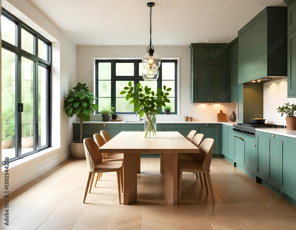 Fototapeta premium A modern kitchen with dark green cabinetry, Wooden dining table and chairs.