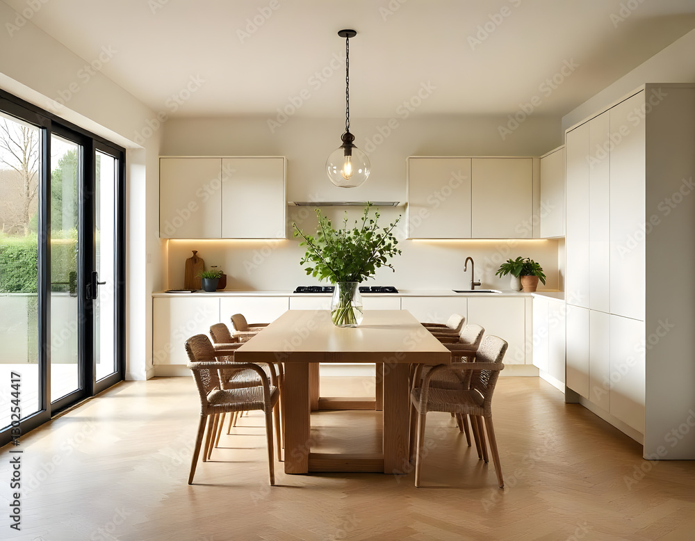 A modern kitchen with cream beige color of cabinetry, Wooden dining table and chairs A modern kitchen with cream beige color of cabinetry, Wooden dining table and chairs