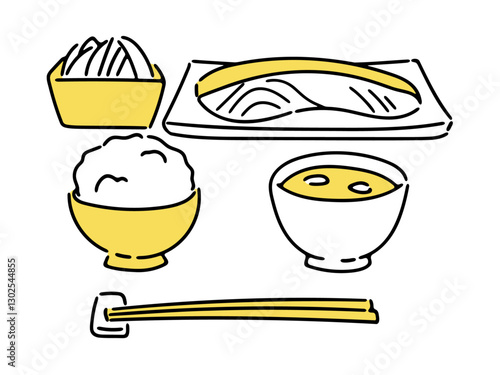  和食の切り身焼き魚定食イメージイラスト(イエロー)
