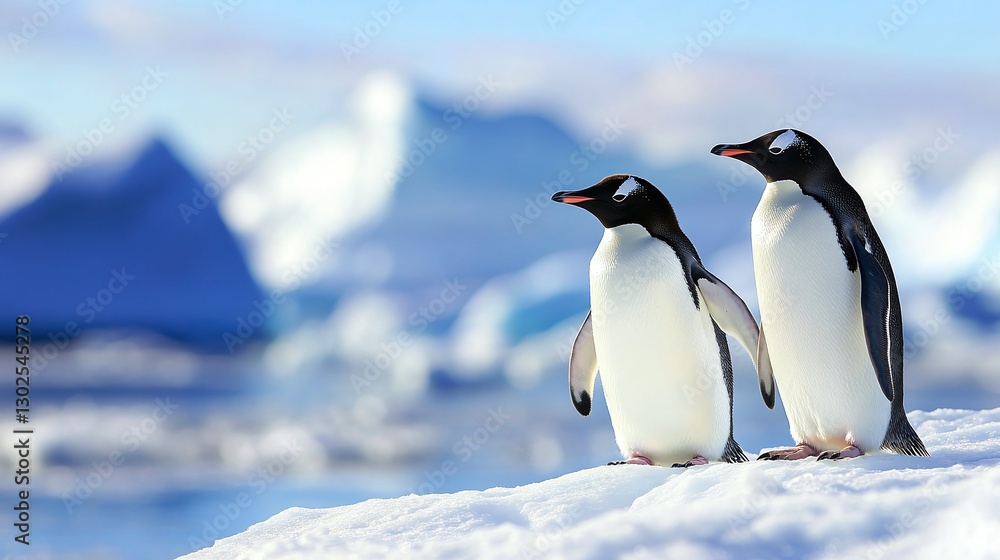 Naklejka premium Two adorable penguins stand peacefully on a snowy plain among icy icebergs, enjoying the silence and majestic nature of Antarctica