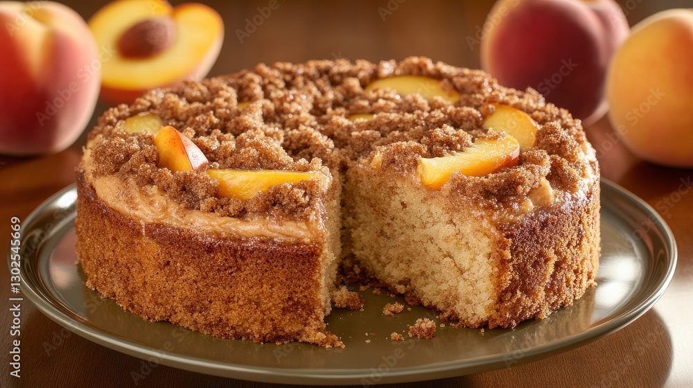 Fresh Peach Crumble Cake with Slices and Crumb Topping Fresh Peach Crumble Cake with Slices and Crumb Topping
