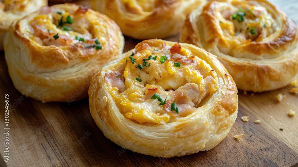Delicious Savory Pastry Rolls Baked with Cheese and Herbs on Wooden Platter Delicious Savory Pastry Rolls Baked with Cheese and Herbs on Wooden Platter