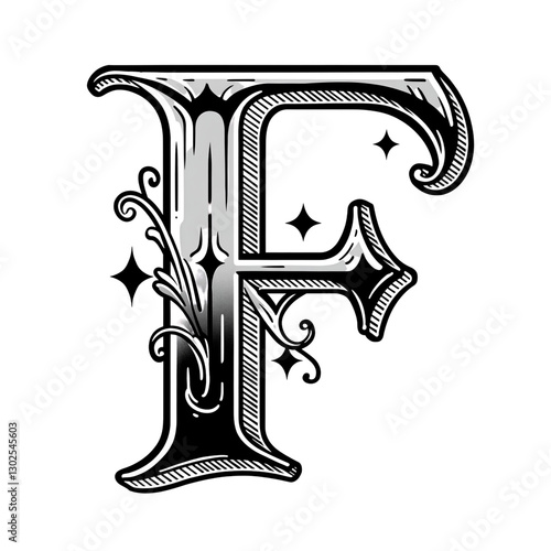 Ornate gothic letter f with flourishes on transparent background
