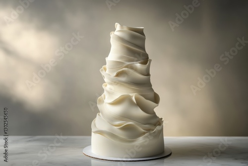 A modern wedding cake with an artistic sculptural design, featuring smooth, flowing sugar details for an elegant and sophisticated look.