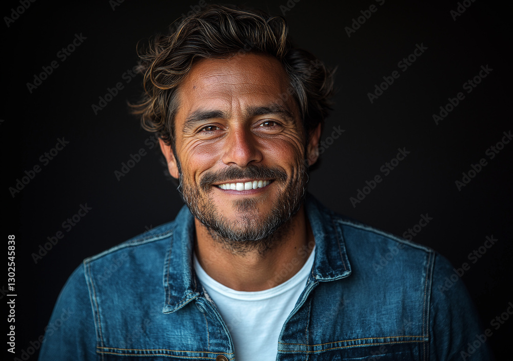 Fototapeta premium Smiling Man in Denim Shirt – Cinematic-Style Portrait Photography with Black Background, High-Quality Studio Shot, Professional Lighting, Perfect for Branding and Marketing Use