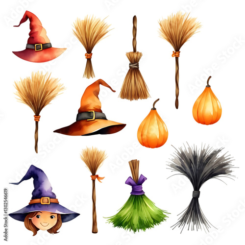 Halloween Witch Hats and Brooms Illustration for Party Invitations