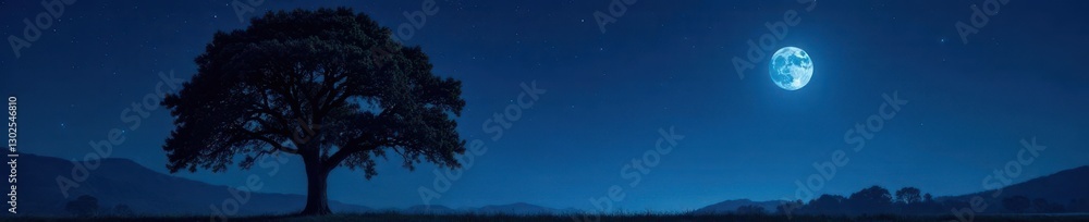 large tree against dark blue grey night sky with stars and moon, tree at night, natural, moonlit large tree against dark blue grey night sky with stars and moon, tree at night, natural, moonlit