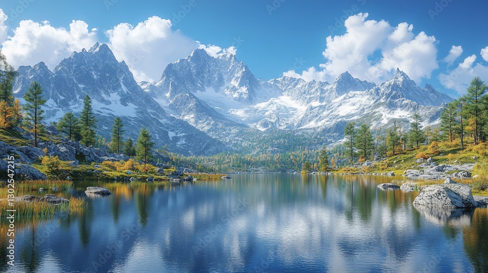 Serene autumnal lake reflecting snow-capped mountains under a vibrant blue sky. Serene autumnal lake reflecting snow-capped mountains under a vibrant blue sky.