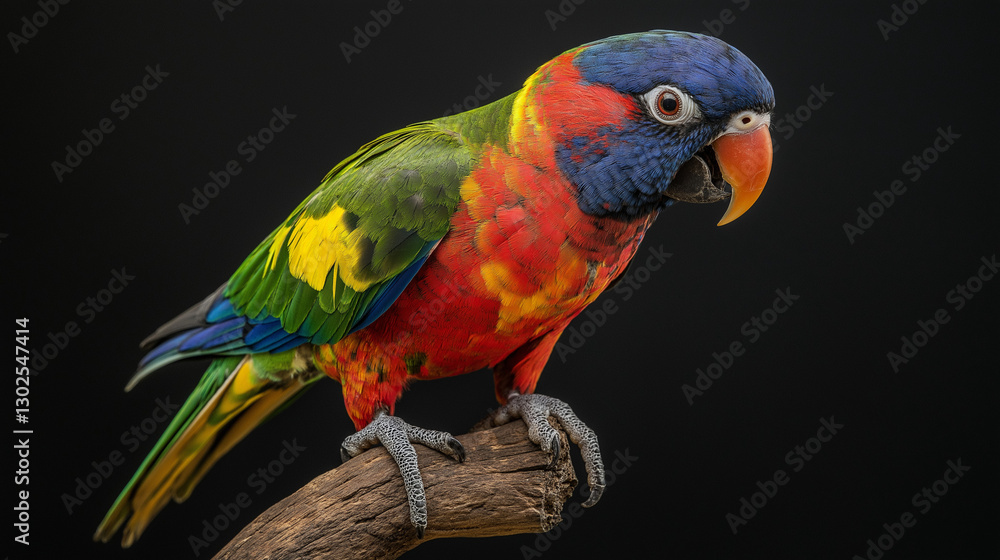 Close-up of a colorful blue and yellow macaw perched on a branch with a vibrant rainbow of feathers and a tropical, exotic feel