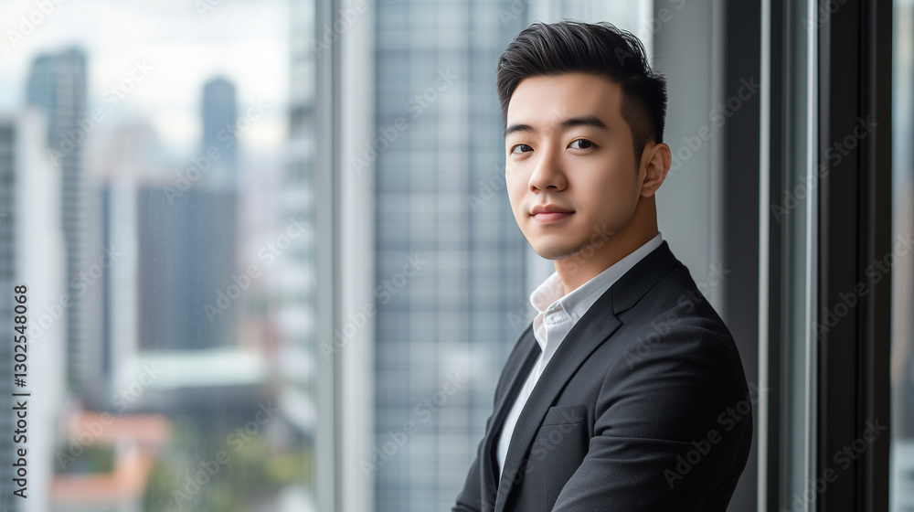 Young professional in suit, confident stance, city view backdrop Young professional in suit, confident stance, city view backdrop