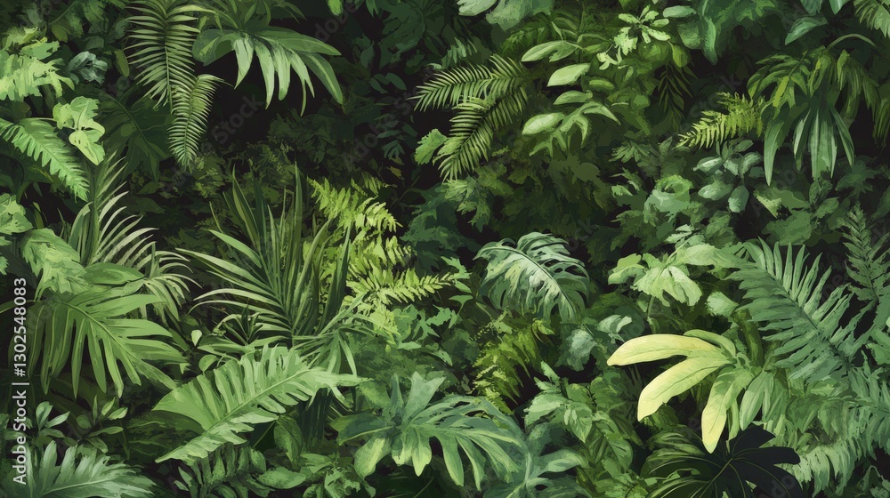 Naklejka premium Dense Lush Tropical Foliage with Various Green Leaves in a Natural Background