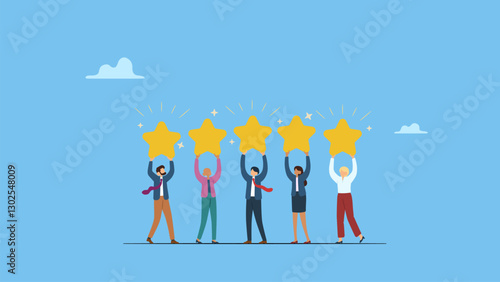 Diverse business people holding big golden stars, customer experience, best score rating, client feedback or consumer review, 5 stars rating, like or positive survey, employee satisfaction concept.