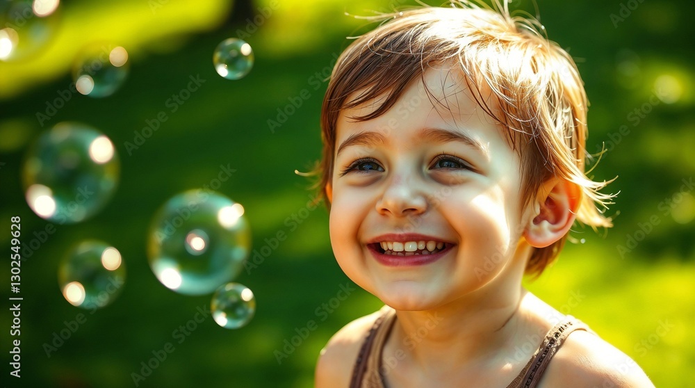 Child playing with soap bubbles on a lush green lawn, bright sunlight Child playing with soap bubbles on a lush green lawn, bright sunlight