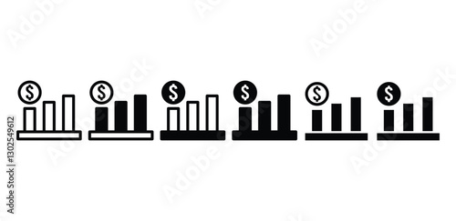 chart bar table profit cost increase with dollar symbol icon vector design black white color illustrations set isolated