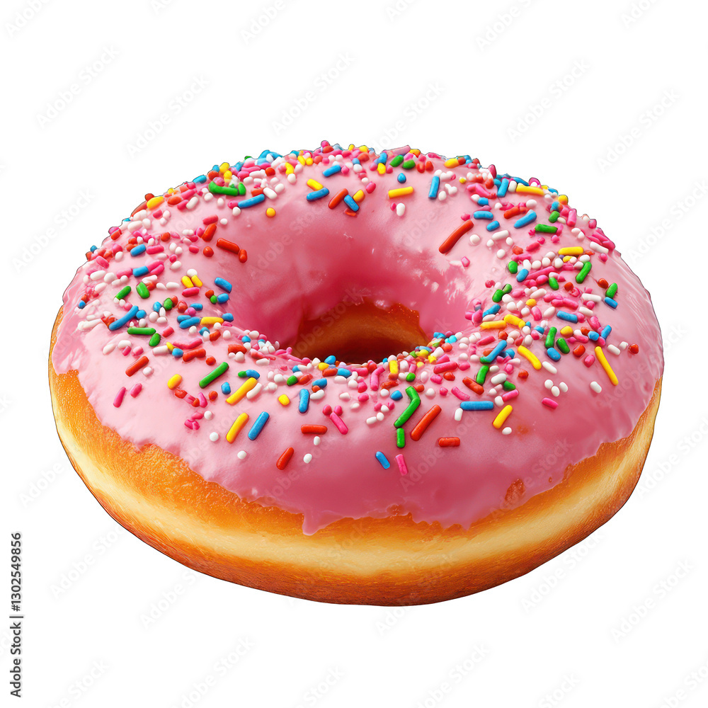 A baked donut with pink frosting and colorful sprinkles, golden brown and irresistibly sweet, isolated on a white background. A baked donut with pink frosting and colorful sprinkles, golden brown and irresistibly sweet, isolated on a white background.