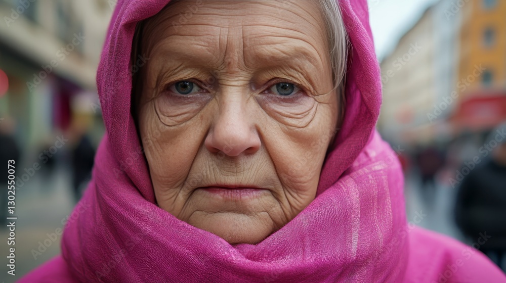 Close up of an 80 year old scandinavian woman in a pink scarf, showing deep melancholy outdoors. Close up of an 80 year old scandinavian woman in a pink scarf, showing deep melancholy outdoors.