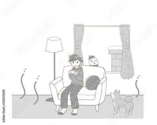 暖かい部屋で犬とくつろぐ男性