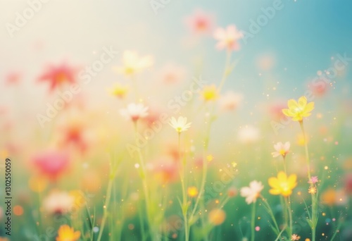dreamy  flower background with glimmering sunlight and prismatic sparkle in a magical meadow, adorable, cute and relax