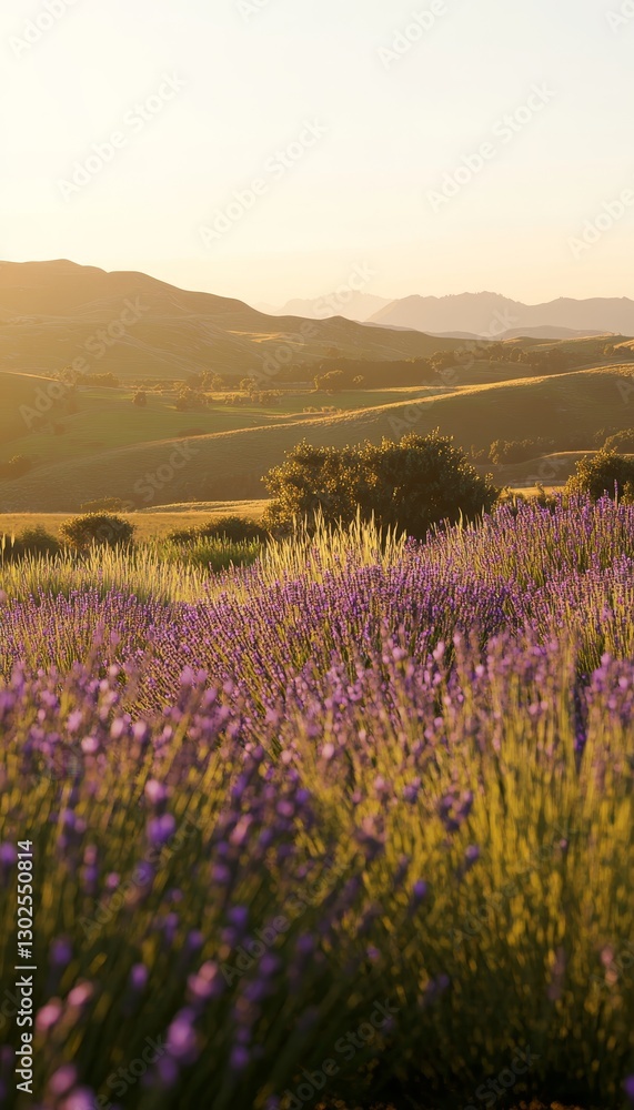 Fototapeta premium Vibrant lavender fields under a golden sunset a dreamy scene of nature s beauty and serenity