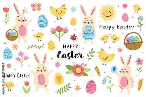 Easter set with cute elements: bunny, chick, egg and flower. Cartoon style characters. Vector illustration