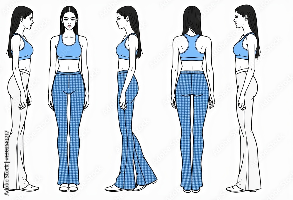 Houndstooth Flared Leggings & Sports Bra Set: Technical Fashion Drawings for Women's Activewear Design, Slim Fit CAD Mockup in White & Blue, Perfect for Pattern Development and Garment Tech Packs.

