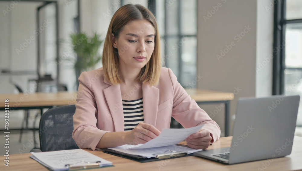 Professional woman reviewing documents at modern office desk Professional woman reviewing documents at modern office desk