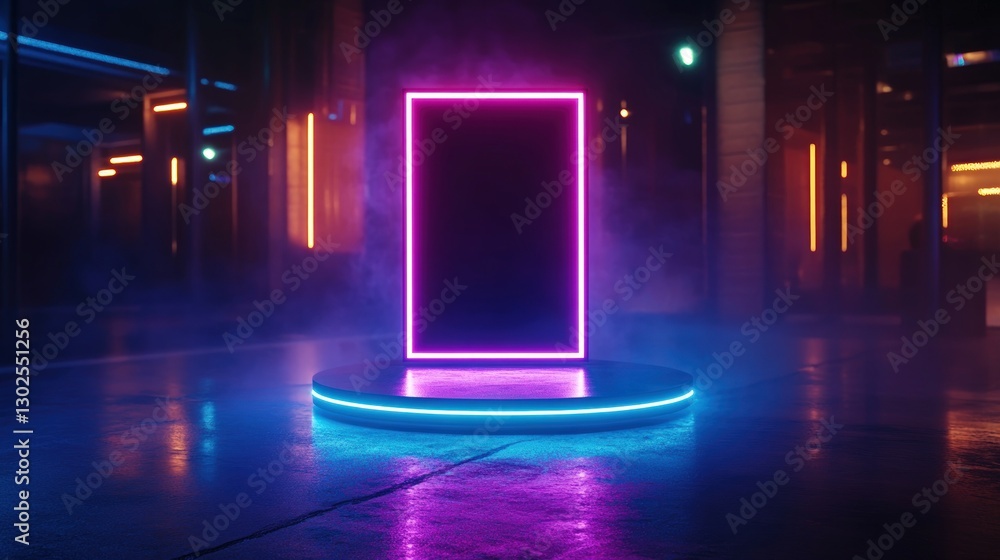 Neon Empty Display Platform in Dark Modern City Neon Empty Display Platform in Dark Modern City