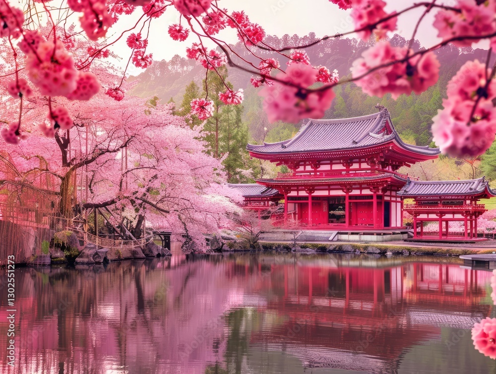 Serene Cherry Blossom Scene with Traditional Architecture Reflected in Calm Water Amidst Vibrant Nature Serene Cherry Blossom Scene with Traditional Architecture Reflected in Calm Water Amidst Vibrant Nature