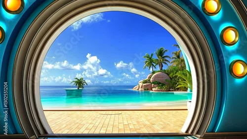 Vibrant tropical scene viewed through a circular window, showcasing serene beach and palm trees