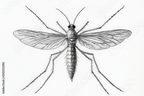Detailed Illustration of a Mosquito with Delicate Wings and Intricate Features