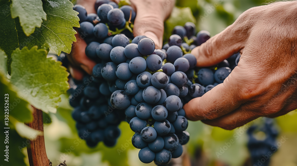 Obraz premium 熟成したぶどうの収穫 – 日本の農園で丁寧にカットされる果実