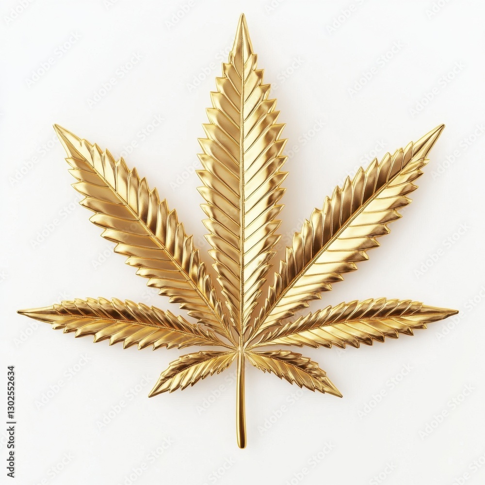 Shimmering Gold Ganja Leaf on Pure White Canvas. 3D Rendered Artwork Illustrating the Essence of Nature's Herb Shimmering Gold Ganja Leaf on Pure White Canvas. 3D Rendered Artwork Illustrating the Essence of Nature's Herb