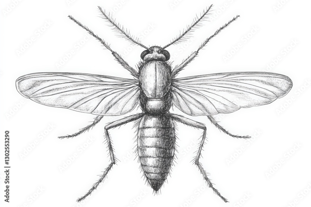Detailed Sketch of an Insect with Delicate Wings and Fine Body Hair Features Detailed Sketch of an Insect with Delicate Wings and Fine Body Hair Features