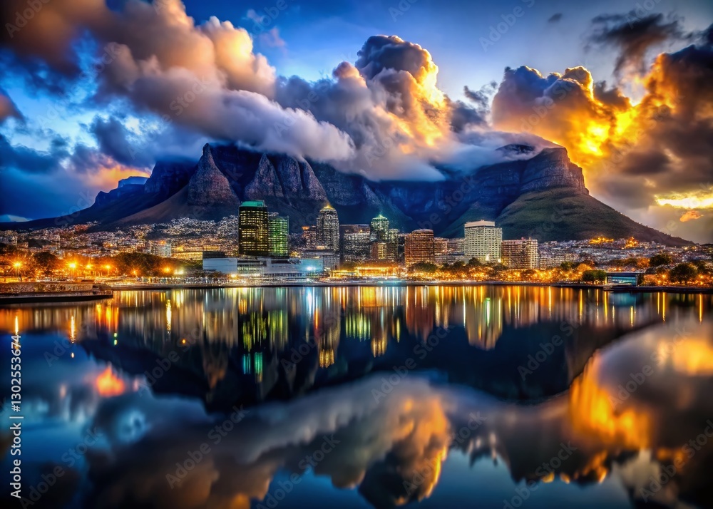 Fototapeta premium Dramatic Night Skyline: Cape Town City Lights Reflecting on Water Under a Cloudy Sky