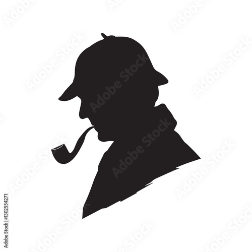 A silhouette of a sherlock holmes On white background. A detective with pipe.